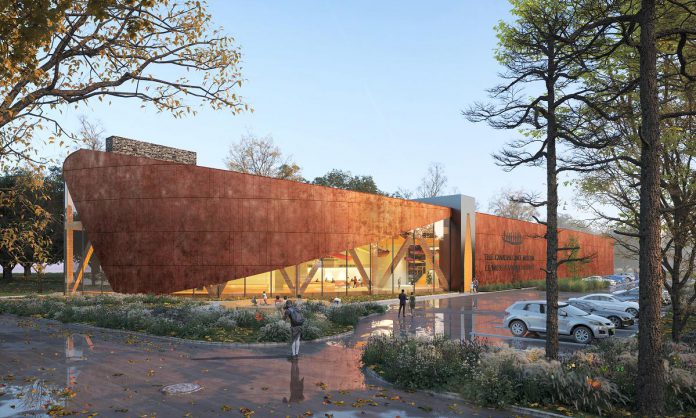 An architectural rendering of the proposed new Canadian Canoe Museum, to be located at 2077 Ashburnham Drive in Peterborough, beside the Parks Canada building and north of Beavermead Park. (Rendering: Lett Architects Inc.)