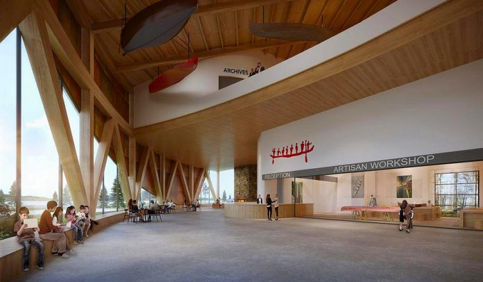 An architectural rendering of the atrium of the planned new Canadian Canoe Museum in Peterborough, showing the reception and artisan workshop areas. This northeast view has Little Lake in the background. (Illustration: Lett Architects Inc.)