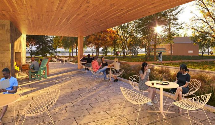 An architectural rendering of the terrace of the planned new Canadian Canoe Museum in Peterborough, near the shore of Little Lake and beside the Great Trail. (Illustration: Lett Architects Inc.)