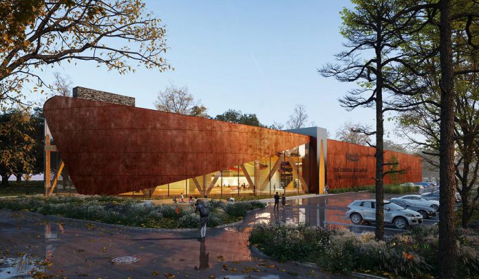 An architectural rendering of the exterior of the planned new Canadian Canoe Museum in Peterborough, facing Ashburnham Drive. (Illustration: Lett Architects Inc.)