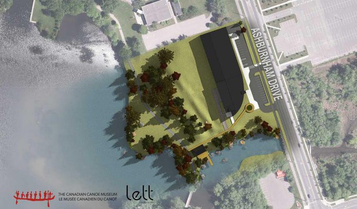 A rendering of the location of the planned new Canadian Canoe Museum in Peterborough, located to the south of the Parks Canada headquarters and to the north of Beavermead Park. (Illustration: Lett Architects Inc.)