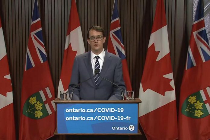 Ontario labour minister Monte McNaughton announces Ontario's proposed COVID-19 paid sick leave program at Queen's Park on April 28, 2021. (YouTube screenshot)