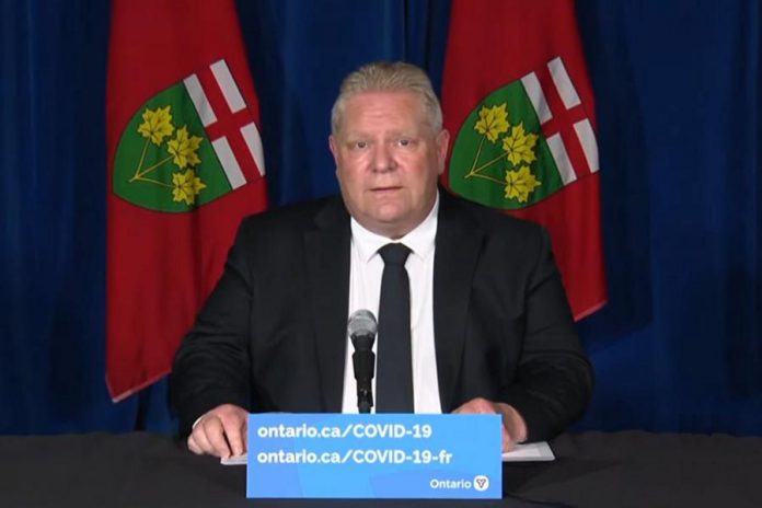 Ontario Premier Doug Ford announces additional province-wide public health restrictions at Queen's Park on April 16, 2021. (CPAC screenshot)