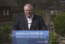 An emotional Premier Doug Ford pauses during a virtual media briefing on April 22, 2021. Ford, who is self-isolating after coming into close contact with a staff member who tested positive for COVID-19, apologized to Ontarians for the government's recent missteps in its handling of the pandemic and promised the province would implement a paid sick days program. (CPAC screenshot)