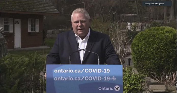 An emotional Premier Doug Ford pauses during a virtual media briefing on April 22, 2021. Ford, who is self-isolating after coming into close contact with a staff member who tested positive for COVID-19, apologized to Ontarians for the government's recent missteps in its handling of the pandemic and promised the province would implement a paid sick days program. (CPAC screenshot)