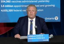 Ontario Premier Doug Ford at a media conference at Queen's Park on April 7, 2021, announcing a month-long province-wide stay-at-home order that takes effect April 8, 2021. (CPAC screenshot)