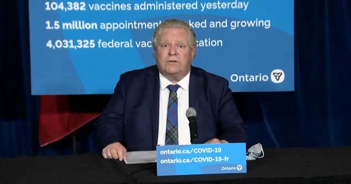 Ontario Premier Doug Ford at a media conference at Queen's Park on April 7, 2021, announcing a month-long province-wide stay-at-home order that takes effect April 8, 2021. (CPAC screenshot)