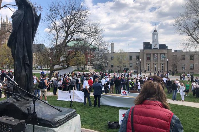Lanark-Frontenac-Kingston MPP Randy Hillier posted this photo of the anti-lockdown rally in Confederation Park in Peterborough held on April 24, 2021. Peterborough police issued a ticket under the Reopening Ontario Act to Hillier along with Maxime Bernier, former MP and leader of the federal People’s Party of Canada, both of whom spoke at the rally. (Photo: Randy Hillier / Facebook)