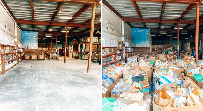 The Kawartha Food Share warehouse before and after the 'Porch Pirates for Good' weekend food drive in the City of Peterborough. (Photos: Kawartha Food Share / Facebook)