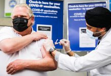 "I'm grateful to all the frontline health care heroes who are helping with this monumental effort and getting shots into arms, including mine." Ontario Premier Doug Ford receiving his first dose of the COVID-19 AstraZeneca vaccine at an Etobicoke pharmacy on April 9, 2021. (Photo: Office of the Premier)