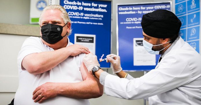 "I'm grateful to all the frontline health care heroes who are helping with this monumental effort and getting shots into arms, including mine." Ontario Premier Doug Ford receiving his first dose of the COVID-19 AstraZeneca vaccine at an Etobicoke pharmacy on April 9, 2021. (Photo: Office of the Premier)