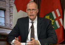 Adalsteinn Brown, co-chair of the Ontario COVID-19 Science Advisory Table, speaking at a media conference at Queen's Park with Ontario’s chief medical officer of health Dr. David Williams on May 20, 2021. (CPAC screenshot)