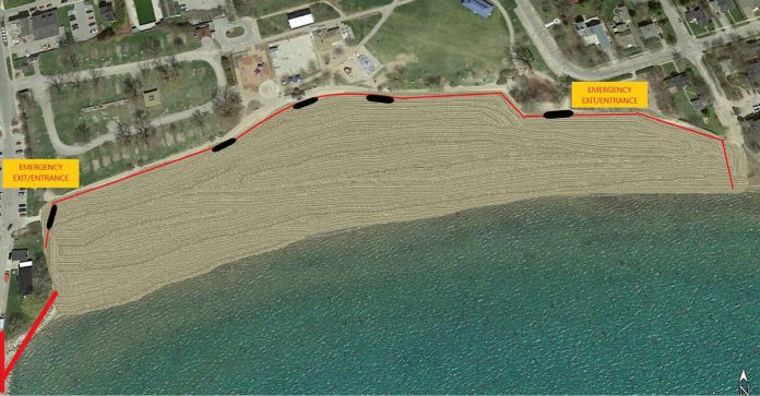 Signage and fencing, with two emergency entrances and exits, will be installed along the board walk beside Victoria Park Beach. (Graphic: Town of Cobourg)