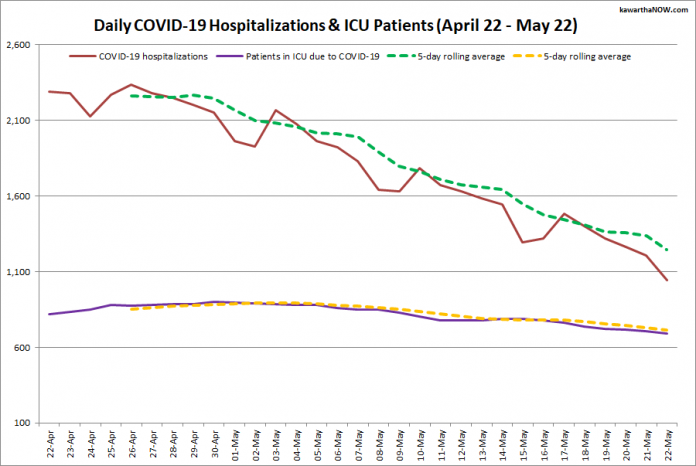 COVID-19 hospitalizations and ICU admissions in Ontario from April 22 - May 22, 2021. The red line is the daily number of COVID-19 hospitalizations, the dotted green line is a five-day rolling average of hospitalizations, the purple line is the daily number of patients with COVID-19 in ICUs, and the dotted orange line is a five-day rolling average of patients with COVID-19 in ICUs. (Graphic: kawarthaNOW.com)