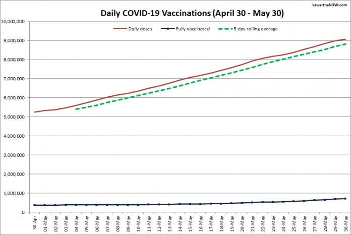 COVID-19 vaccinations in Ontario from April 30 - May 30, 2021. The red line is the cumulative number of daily doses administered, the dotted green line is a five-day rolling average of daily doses, and the blue line is the cumulative number of people fully vaccinated with two doses of vaccine. (Graphic: kawarthaNOW.com)