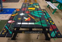 This picnic table painted by Peterborough artist Kathryn Durst is one of 25 tables painted by 25 local artists as part of a Downtown Vibrancy Project in downtown Peterborough. The tables will be installed at various downtown businesses. Durst is known for illustrating Sir Paul McCartney's children's books and also painted the public art mural in the alleyway of the Commerce Building. (Photo: Peterborough Downtown Business Improvement Area / Facebook)