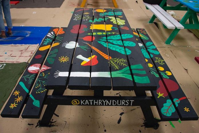 This picnic table painted by Peterborough artist Kathryn Durst is one of 25 tables painted by 25 local artists as part of a Downtown Vibrancy Project in downtown Peterborough. The tables will be installed at various downtown businesses. Durst is known for illustrating Sir Paul McCartney's children's books and also painted the public art mural in the alleyway of the Commerce Building. (Photo: Peterborough Downtown Business Improvement Area / Facebook)