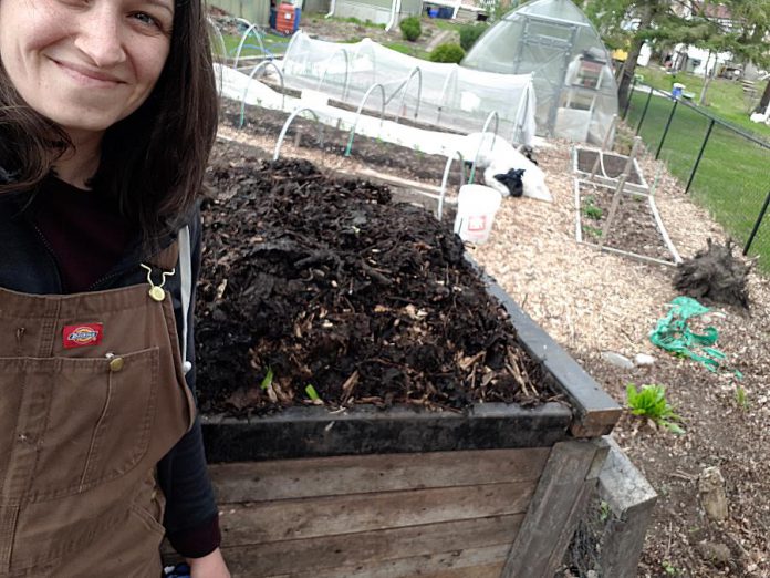 Hayley Goodchild takes a selfie with her compost. To celebrate International Compost Awareness Week (May 2-8), share your #CompostSelfie with @PtboGreenUP on social media. (Photo: Hayley Goodchild)