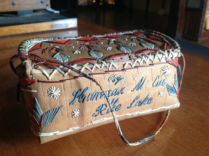 A birch bark basket made by Hannah McCue and presented as a gift to His Royal Highness Albert Edward, Prince of Wales, when he toured North America in 1860. Hiawatha First Nation and the Peterborough Museum & Archives have received federal funding to facilitate the loan of a group of quilled birch bark items from the Royal Collection Trust in England for a planned exhibition at the museum in 2023. (Supplied photo)