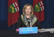 At a media conference on May 5, 2021, Ontario health minister Christine Elliott reported that 43% of Ontario adults have now received their first dose of vaccine, with 65% of adults expected to receive one dose by the end of May. (CPAC screenshot)