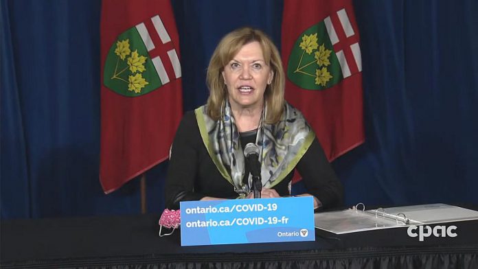 At a media conference on May 5, 2021, Ontario health minister Christine Elliott reported that 43% of Ontario adults have now received their first dose of vaccine, with 65% of adults expected to receive one dose by the end of May. (CPAC screenshot)