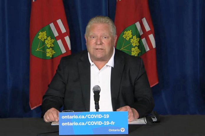 At a media conference at Queen's Park on May 28, 2021, Ontario premier Doug Ford announced the province is accelerating administration of second doses of COVID-19 vaccine during the summer. (CPAC screenshot)