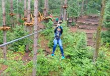 kawarthaNOW writer Paula Kehoe rides the zipline at Treetop Trekking in the Ganaraska Forest near Port Hope in 2017. Outdoor adventure companies are among the tourism and travel businesses eligible for the Ontario Tourism and Travel Small Business Support Grant of up to $20,000, as long as they have fewer than 100 employees and can show at least a 20% decline in revenue between 2019 and 2020. (Video screenshot)