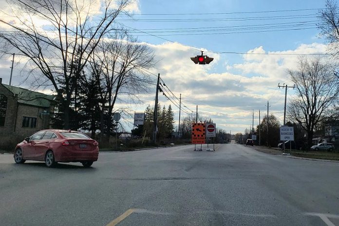 There's been no through traffic on Parkhill Road East in Peterborough since October 2020, when Parks Canada began a project to replace the Warsaw Swing Bridge. Originally expected to reopen in the spring before the opening of navigation on the Trent-Severn Waterway, the bridge is now scheduled to reopen by early July. (Photo: Jeannine Taylor / kawarthaNOW.com)