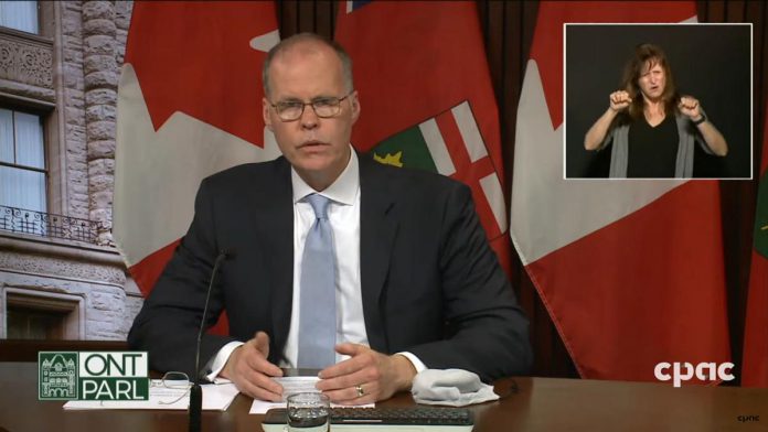 Adalsteinn Brown, co-chair of the Ontario COVID-19 Science Advisory Table, presents updated COVID-19 modelling projections at a media conference at Queen's Park on June 10, 2021. (CPAC screenshot)