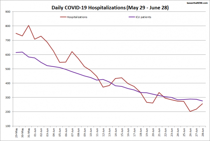 COVID-19 hospitalizations and ICU admissions in Ontario from May 29 - June 28, 2021. The red line is the daily number of COVID-19 hospitalizations and the purple line is the daily number of patients with COVID-19 in ICUs. (Graphic: kawarthaNOW.com)