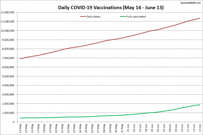 COVID-19 vaccinations in Ontario from May 14 - June 13, 2021. The red line is the cumulative number of daily doses administered and the green line is the cumulative number of people fully vaccinated with two doses of vaccine. (Graphic: kawarthaNOW.com)