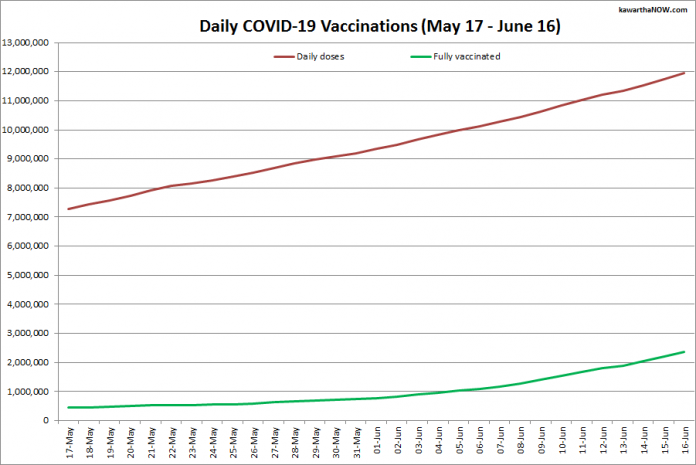 COVID-19 vaccinations in Ontario from May 17 - June 16, 2021. The red line is the cumulative number of daily doses administered and the green line is the cumulative number of people fully vaccinated with two doses of vaccine. (Graphic: kawarthaNOW.com)