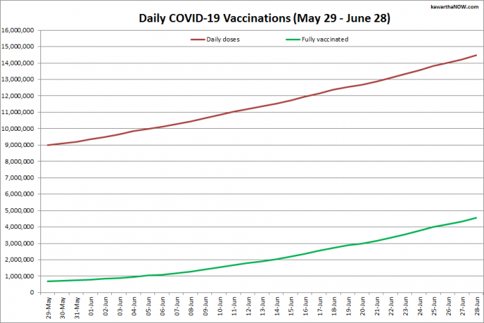 COVID-19 vaccinations in Ontario from May 29 - June 28, 2021. The red line is the cumulative number of daily doses administered and the green line is the cumulative number of people fully vaccinated with two doses of vaccine. (Graphic: kawarthaNOW.com)