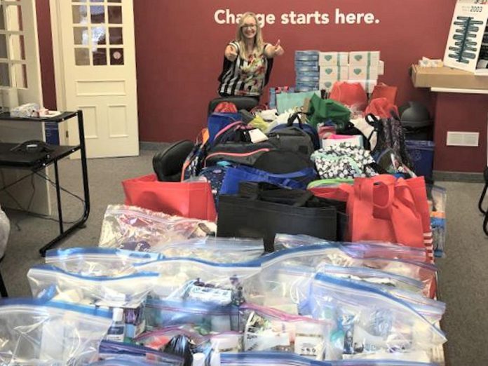 Some of the 275 personal hygiene kits and backpacks for kids donated by local residents to the United Way Peterborough & District. Brant Basics also contributed more than 200 face masks to be included in the collected kits. (Photo courtesy of United Way Peterborough & District)