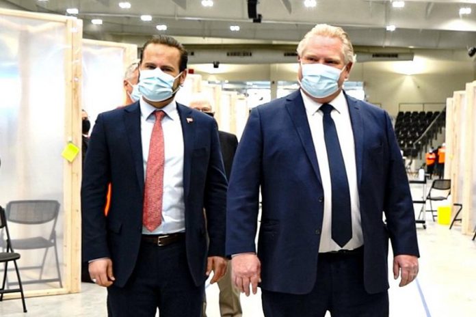 Northumberland-Peterborough South MPP David Piccini pictured with Premier Doug Ford at a mass vaccination clinic in Port Hope. (Photo: David Piccini / Facebook)