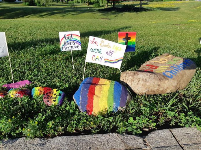 Apostrophe challenges aside, the messages to the Peterborough Victoria Northumberland and Clarington Catholic District School Board on these signs promote inclusion of all students regardless of their sexual orientation. (Photo courtesy of Kimberly Liane)