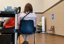 A woman receives her first dose of the Pfizer vaccine at the mass vaccination clinic at the Evinrude Centre in Peterborough on May 26, 2021. As of June 7, at least 69.5 per cent of eligible residents aged 18 and over have received at least a first dose of vaccine. (Photo: Bruce Head / kawarthaNOW)