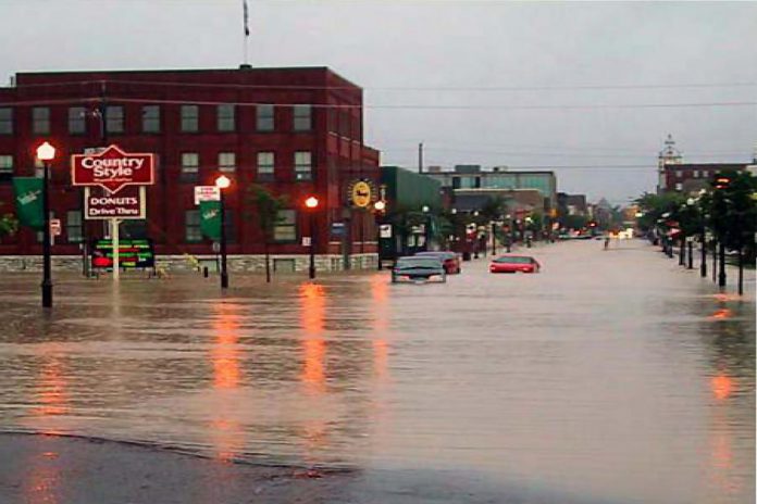 Portions of downtown Peterborough were underwater on July 15, 2004 when a freak storm dumped more than 150 mm of rain in parts of the city in less than an hour. (Photo: City of Peterborough Emergency & Risk Management Division)
