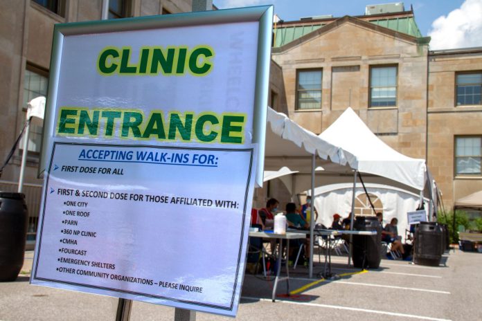 In partnership with community agencies, Peterborough Public Health held a three-day drop-in COVID-19 vaccination clinic for vulnerable residents outside of Peterborough City Hall. (Photo courtesy of Peterborough Public Health)