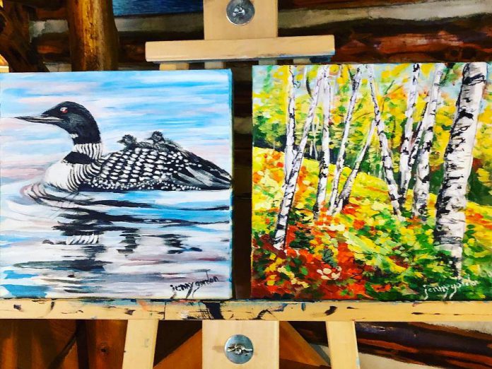 Two 10-by-10 inch mini-paintings by Jennifer Gordon, one of the 28 artists and artisans participating in the Apsley Autumn Studio Tour on September 18 and 19, 2021. This is Gordon's first year participating in the studio tour. Her lifelong family log cottage on Chandos Lake is the inspiration for many of her paintings. (Photo courtesy of Apsley Autumn Studio Tour)