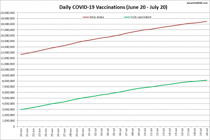 COVID-19 vaccinations in Ontario from June 20 - July 20, 2021. The red line is the cumulative number of daily doses administered and the green line is the cumulative number of people fully vaccinated with two doses of vaccine. (Graphic: kawarthaNOW.com)