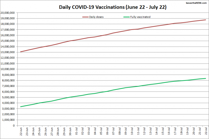 COVID-19 vaccinations in Ontario from June 22 - July 22, 2021. The red line is the cumulative number of daily doses administered and the green line is the cumulative number of people fully vaccinated with two doses of vaccine. (Graphic: kawarthaNOW.com)