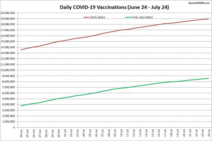 COVID-19 vaccinations in Ontario from June 24 - July 24, 2021. The red line is the cumulative number of daily doses administered and the green line is the cumulative number of people fully vaccinated with two doses of vaccine. (Graphic: kawarthaNOW.com)