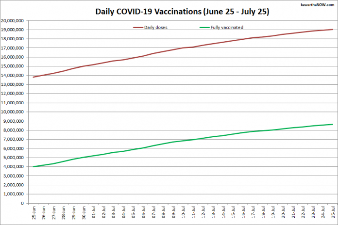 COVID-19 vaccinations in Ontario from June 25 - July 25, 2021. The red line is the cumulative number of daily doses administered and the green line is the cumulative number of people fully vaccinated with two doses of vaccine. (Graphic: kawarthaNOW.com)