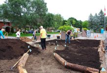 Over three days, 18 volunteers moved 37 cubic yards of material to create this new 100-square-metre Depave Paradise garden in Lakefield, at Winfield Shores Harbour. The goal of Depave Paradise is to use people power to remove pavement and allow rain to soak into the ground where it lands. This reduces localized flooding and improves the health of urban watersheds. (Photo: Genevieve Ramage)