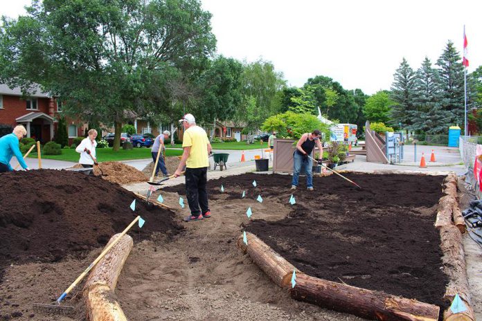 Over three days, 18 volunteers moved 37 cubic yards of material to create this new 100-square-metre Depave Paradise garden in Lakefield, at Winfield Shores Harbour. The goal of Depave Paradise is to use people power to remove pavement and allow rain to soak into the ground where it lands. This reduces localized flooding and improves the health of urban watersheds. (Photo: Genevieve Ramage)