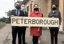 On July 8, 2021, Federal Transport Minister Omar Alghabra (left) was joined by Peterborough Chamber of Commerce president and CEO Stuart Harrison, Peterborough-Kawartha MP Maryam Monsef, VIA Rail president and CEO Cynthia Garneau (partially obscured), and Peterborough Mayor Diane Therrien to announce the start of the procurement process that will lead to passenger rail service returning to Peterborough. (Photo: Paul Rellinger / kawarthaNOW)