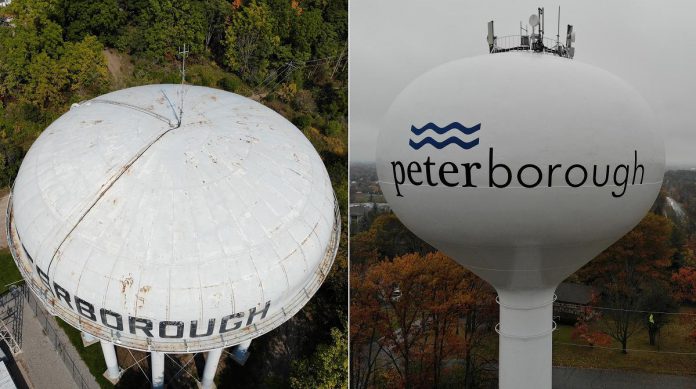 The High Street water tower in Peterborough before the rehabilitation project began (left), and the Sherbrooke Street water tower (right) after a similar project was completed in 2019. (Photos from Peterborough Utilities Commission website)