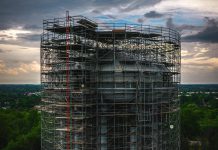 Detail from a aerial photo by Peterborough-based drone and video production team Unmanned of the landmark High Street water tower in Peterborough, as work continues to rehabilitate the 64-year-old water tank and tower to extend its useful life. (Photo courtesy of Unmanned)