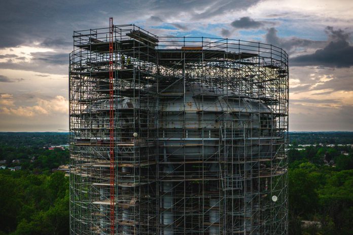 Detail from a aerial photo by Peterborough-based drone and video production team Unmanned of the landmark High Street water tower in Peterborough, as work continues to rehabilitate the 64-year-old water tank and tower to extend its useful life. (Photo courtesy of Unmanned)